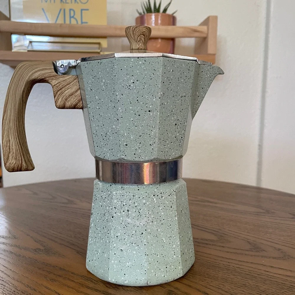 Grosche Milano Moka Pot Stovetop Espresso Maker Mint Green Speckled Wood Handle